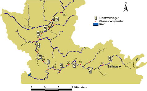 Figur 4.21. Placering af punkter, hvor tilstrømning til vandløb er kvantificeret. Delstrækninger, hvor de enkelte tilstrømningskomponenter er beregnet, er nummeret fra 1 til 10. Observationspunkterne 35 og 55 svarer til vandføringsstationerne 45.01 og 45.21.