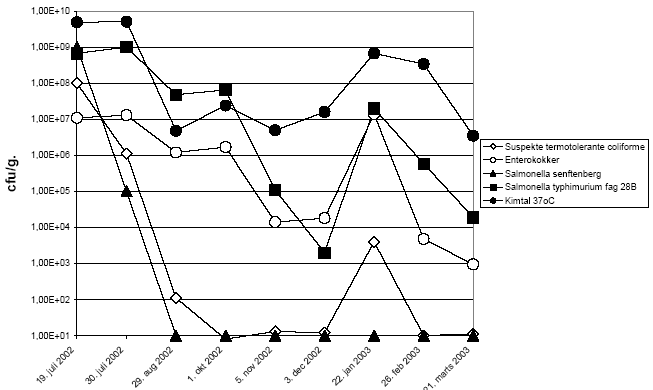 Fig. 4.6. Overlevelse af mikroorganismer i fækalt materiale i kapsler i midten af kompostbeholder placeret indendørs (beholder 1)
