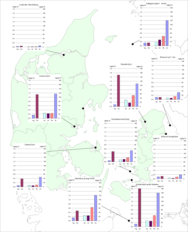 Fig. 6 Koncentrationer af spormetaller i havsedimentprøverne (mg/kg tørstof). Venstre ordinat viser enheden for kviksølv og cadmium og højre ordinat for de øvrige fire spormetaller.