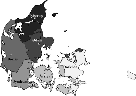 Figur 1. Beliggenhed af de meteorologiske målestationer og tilhørende klimaområder efter Olesen et al. (2000)