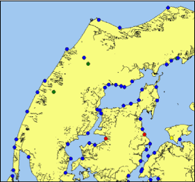 Figur 2.3 Placering af de eksisterende badevandsstationer på vestkysten og i Limfjorden i Viborg Amt (2004).