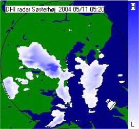 Figur 3.6 Data over Århus fra regnradar. Intensiteten ses af farvetonen. Jo mørkere, jo mere intens regn.