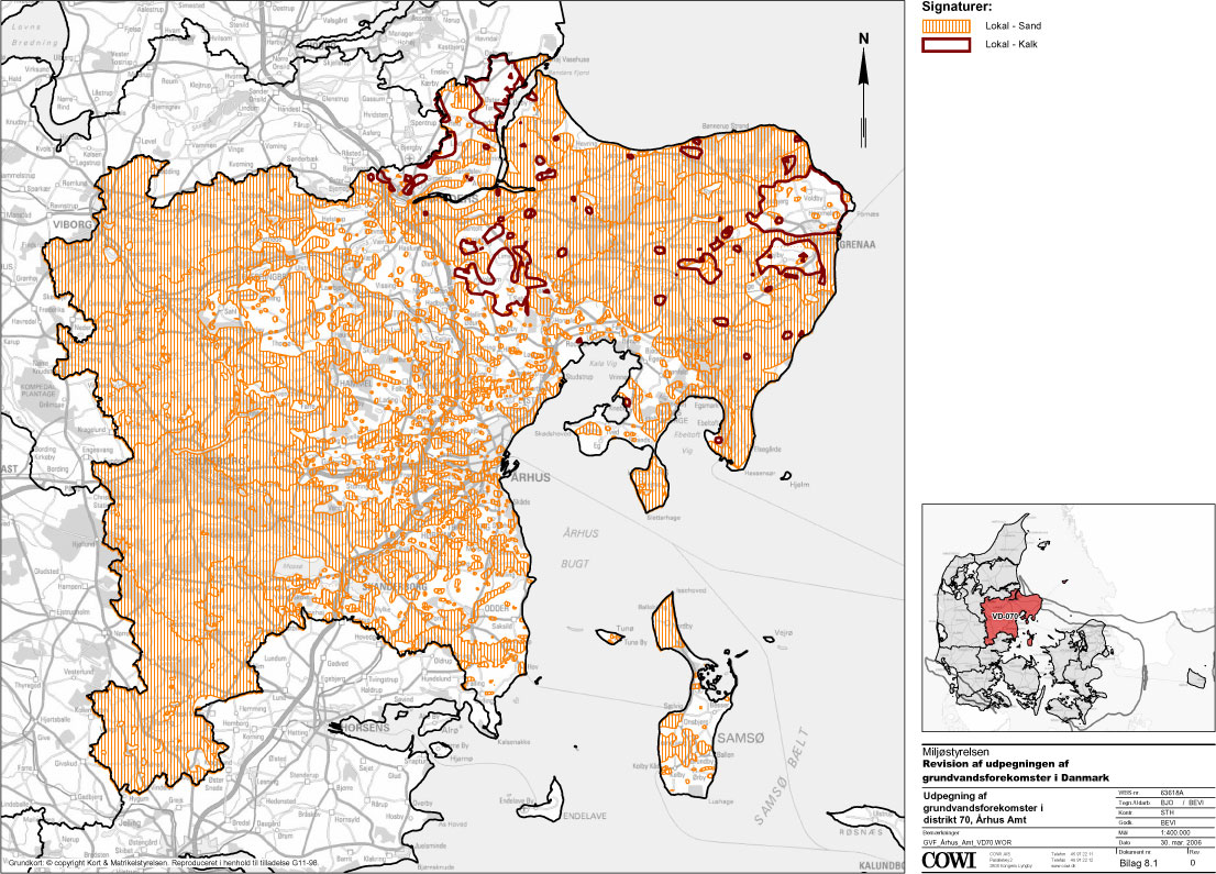 Kort: Grundvandsforekomster i Århus Amt (Lokal - Sand, Lokal - Kalk)