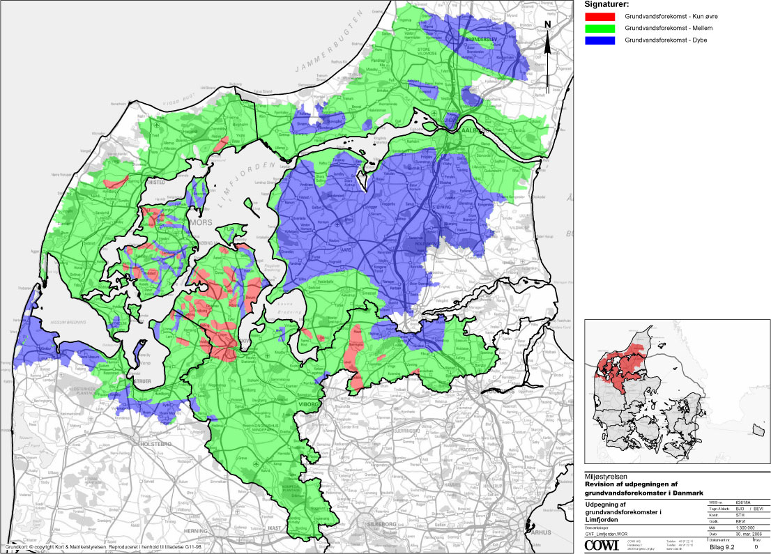 Kort: Grundvandsforekomster i Viborg Amt (Grundvandsforekomst - Kun vre, Grundvandsforekomst - Mellem, Grundvandsforekomst - Dybe)