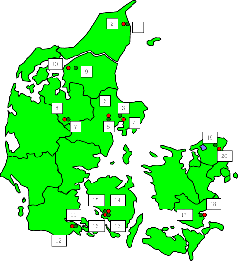 Figur 1. Geografisk placering af de 20 undersøgelsesarealer. Ulige numre er økologiske/pesticidfri arealer og lige numre er konventionelle arealer.