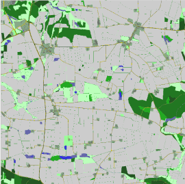 Figur 1. Udsnit (5x5 km, sydøst for Bjerringbro) af modellandskab, hvori modelkørsler foretages.