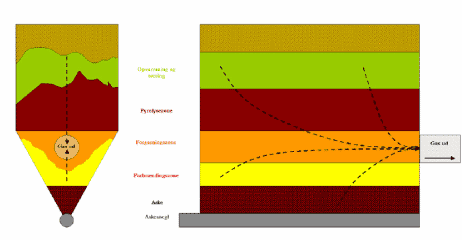 Figur 4. Termiske processer i Organic Powers ”tværstrøms-forgasser. De stiplede linier angiver formodede interne gasstrømme.