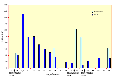 Figur 6.1: Indhold af ammonium og nitrat i grundvand fra moniteringsboring M7-1, filtersat omkring vandspejlet (9-13 m.u.t.)