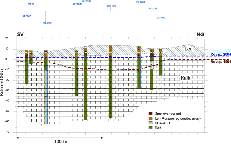 Figur 10. Geologisk snit gennem Brøndbyskoven og indvindingsboringer til Brøndby Vandforsyning (jf. figur 9 for lokalisering af snit). I figuren er endvidere vist vandspejl i henholdsvis år 1900, 1991 og
2004. Det viste vandspejl i år 1900 er anslået ud fra Københavns Amts gamle potentialekort for området.