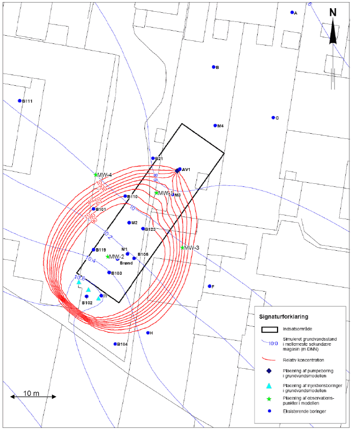 Figur 3.2-a Scenarie 5.1. Stoftransportberegninger efter 50 dage. relativ koncentration og og grundvandspotentiale. injektions- og pumpeydelse er 3 l/min