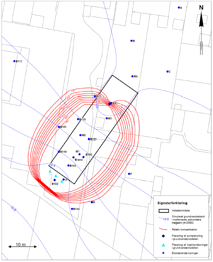 Figur 3.3 Scenarie 5.1. Stoftransportberegninger. Partikelbaner og grundvandsstand. injektion på 3 l/min og pumpeydelse på 5 l/min. Overskud ledes til kloak
