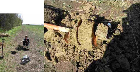 Figur 2.1 Sneglebor monteret forlængerstænger. Billedet til højre viser jordprøve på sneglebor. Modificeret fra almindeligt pælebor af Ole Stig Jacobsen, GEUS.