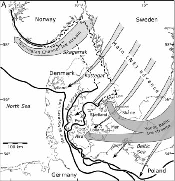 Figur 1 Isens hovedstrømningsretninger i perioden 28.000 til 15.000 år BP, fra Kjær et al 2003.