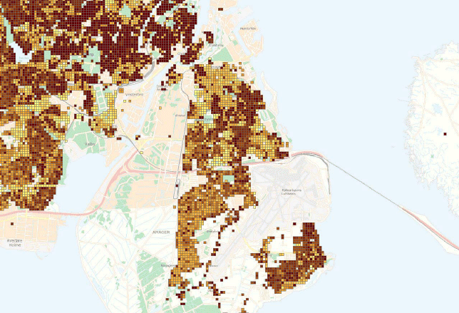 Figur 8<br>Et eksempel på den geografiske repræsentation af kvadratnetdata, for Københavnsområdet. OBS ikke copy right, GEUS?