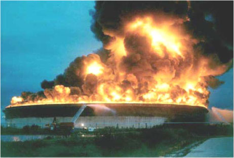 Figur 6.1 Orion Refinery, Norco, Louisiana, USA, 2001. Lynnedsalg forårsager brand i 52.000 m³ lagertank med benzin, /ref.16/