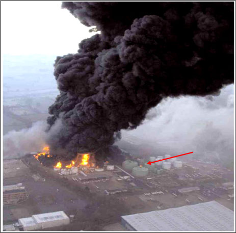 Figur 6.6 Brand ved Buncefield under udvikling. Bemærk brande fra udluftningsventiler og rim seal brande på nærliggende tanke, der endnu er intakte