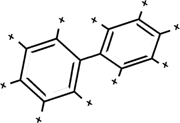 Figur 1.2. Skematisk billede af et biphenyl molekyle. X’erne repræsenterer brintatomer, der ved fremstilling af PCB kan substitueres med chloratomer.