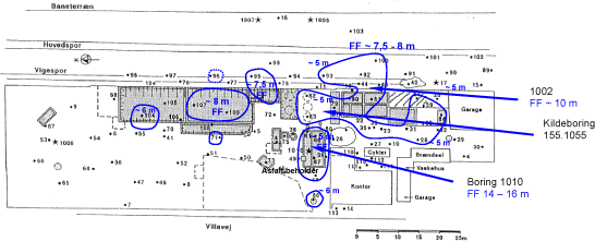 Figur 2.6.: Omtrentlige områder med uafgrænset forurening i dybden samt observationer af fri fase, FF, fra /7/.