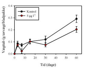 Fig. 3.1.8. Vægttab fra pakker af såvel ueksponerede som eksponerede bøgeblade udlagt i Stavis Å (dag 0). Inden udlægning var de eksponerede blade blevet udsat for en 90 min eksponering for 5 µg lambda-cyhalothrin l-¹. Bladpakker blev indsamlet efter 3, 7, 15, 30 og 60 dage, og vægttabet blev registreret. (Gennemsnit±SEM, n=10).
