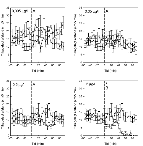 Figur 3.2.11. Tilbagelagt afstand hos S. personatum eksponeret for lambda-cyhalothrin. Stiplede linjer angiver eksponeringens påbegyndelse. Lukkede symboler: kontrolgruppen (n=15). Åbne symboler: eksponerede grupper (n=14). Asterisk angiver en signifikant forskel mellem den eksponerede gruppe og kontrolgruppen. Bogstaver angiver forskelle mellem de eksponerede grupper, idet grupper der ingen bogstaver har tilfælles er signifikant forskellige. (Gennemsnit±SEM).