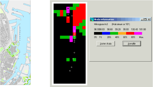 Figure 5.6 The left panel shows a map, while the right shows a corresponding schematic "map" of concentrations. The two maps cover the same area (1800 m x 4800 m). Each of the small squares on the right is 200 x 200 m.The white rings on the schematic map represent quays. 