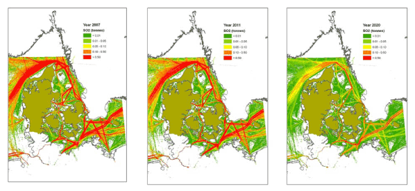 Figur 3 Kort over estimerede emissioner af SO2 fra skibstrafik i hvert af årene 2007, 2011 og 2020. Enheden er SO2 pr. km².