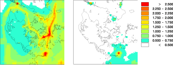 Figur 4 Beregnede koncentrationer af SO2 i μg/m³. Til venstre er vist situationen i 2007, til højre situationen i 2020. For 2007-situationen ses skibstrafikkens indflydelse tydeligt; for 2020-scenariet resterer der næsten intet synligt bidrag fra skibstrafik.