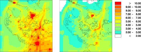 Figur 6 Beregnede koncentrationer af NO2 i μg/m³. Til venstre er vist situationen i 2007, til højre situationen i 2020. Der sker næsten ingen ændring i udslippet af NOx fra skibstrafik mellem de to tidspunkter, mens der er markante reduktioner for landbaserede kilder.