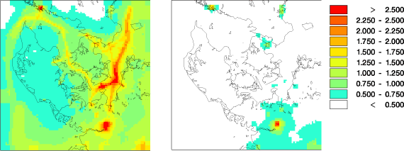 Fig. 4 Calculated concentrations of SO2 In μg/m³. The left panel represents the situation in 2007, the right panel the situation in 2020. The impact of ship traffic is clear for 2007, while there is hardly any visible impact from ships in 2020.