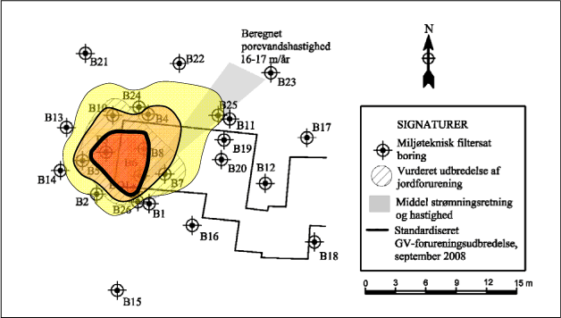 Figur C.3: Interpoleret opløst forureningsfane. Gul er forureningsfanen > 9 µg/L, orange er forureningsfanen > 100 µg/L og rød er forureningsfanen > 1.000 µg/L.