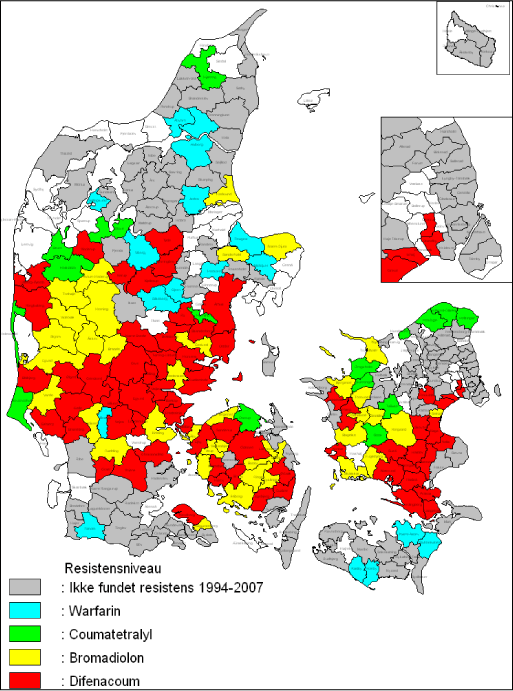 Figur 1. Resistens hos brune rotter 1962 – 2007. En kommune har signatur for resistens, når blot en enkelt rotte i løbet af perioden er fundet resistent. Alle dele af en kommune har samme signatur, uanset hvor resistens er fundet. Derfor har f. eks. en del små øer resistenssignatur, selv om der ikke er fundet resistens på selve øen.