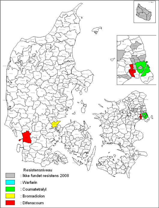 Figur 2. Resistens hos brune rotter indfanget i 2008. En kommune har signatur for resistens, når blot en enkelt rotte er fundet resistent. Alle dele af en kommune har samme signatur, uanset hvor resistens er fundet. Derfor har f. eks. en del små øer resistenssignatur, selv om der ikke er fundet resistens på selve øen.