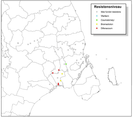Figur 3. Geografisk placering af hver enkelt fangstlokalitet i det tidligere Københavns Amt 2008. Farverne angiver niveauet for resistens, der er fundet, med ingen resistens som det laveste niveau.