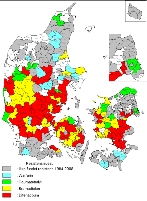 Figur 5. Resistens hos brune rotter 1962 – 2008. En kommune har signatur for resistens, når blot en enkelt rotte i løbet af perioden er fundet resistent. Alle dele af en kommune har samme signatur, uanset hvor resistens er fundet. Derfor har f. eks. en del små øer resistenssignatur, selv om der ikke er fundet resistens på selve øen.