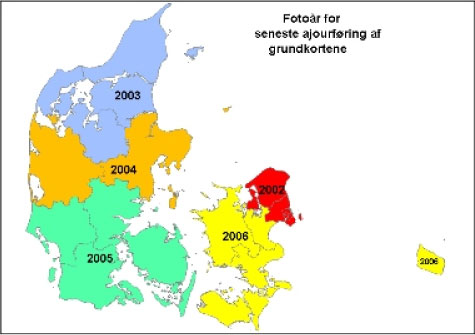 Figur 2.1 Ajourføringsår for Kort- og Matrikelstyrelsens grundkort (hentet fra KMS (2009)