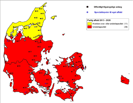 Figur 24 Farligt affald 2013-2020 for delt på regioner