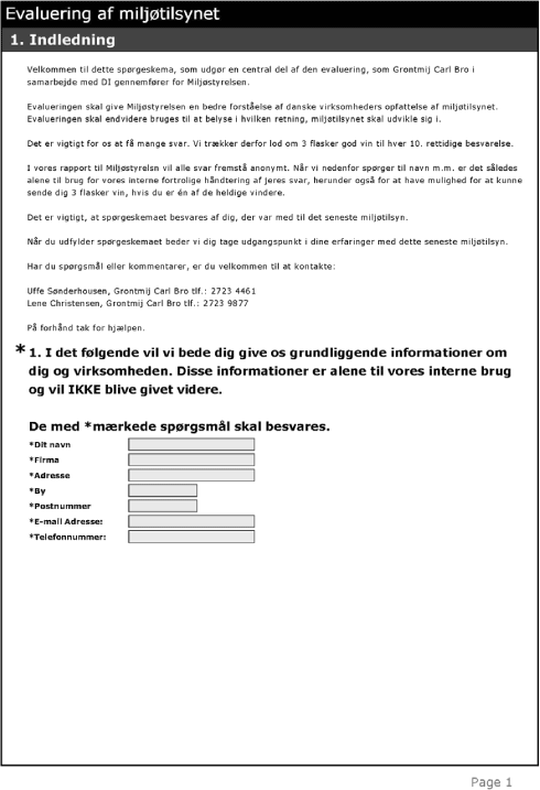 Spørgeskema side 1: Evaluering af miljøtilsynet. 1. Indledning