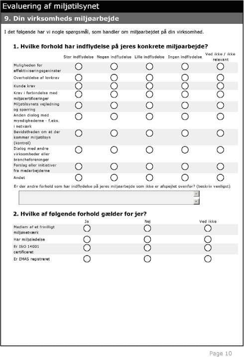 Spørgeskema side 10: Evaluering af miljøtilsynet. 9. Din virksomheds miljøarbejde