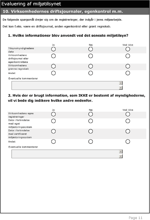 Spørgeskema side 11: Evaluering af miljøtilsynet. 10. Virksomhedernes driftsjournaler, egenkontrol m. m.