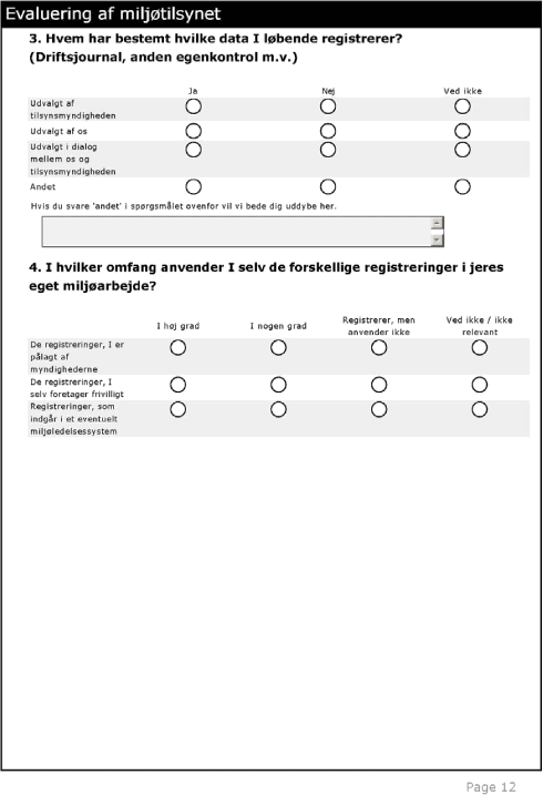 Spørgeskema side 12: Evaluering af miljøtilsynet. 10. Virksomhedernes driftsjournaler, egenkontrol m. m.