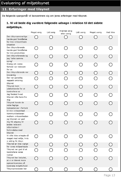 Spørgeskema side 13: Evaluering af miljøtilsynet. 11. Erfaringer med tilsynet