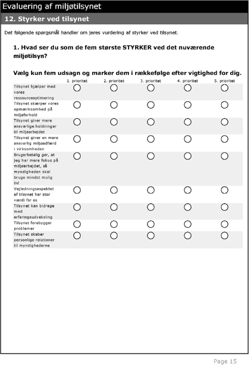 Spørgeskema side 15: Evaluering af miljøtilsynet. 12. Styrker ved tilsynet