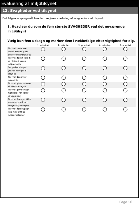 Spørgeskema side 16: Evaluering af miljøtilsynet. 13. Svagheder ved tilsynet