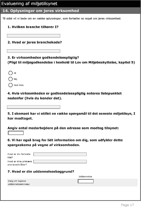 Spørgeskema side 17: Evaluering af miljøtilsynet. 14. Oplysninger om jeres virksomhed