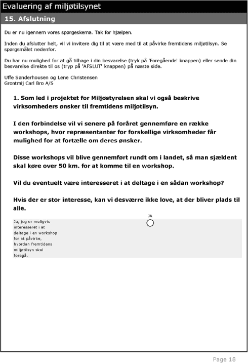 Spørgeskema side 18: Evaluering af miljøtilsynet. 15. Afslutning