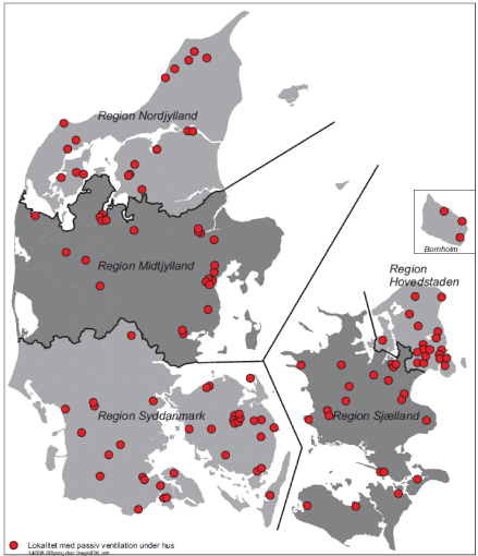 Figur 5.1: Placering af sager med passiv ventilation under huse i Danmark.